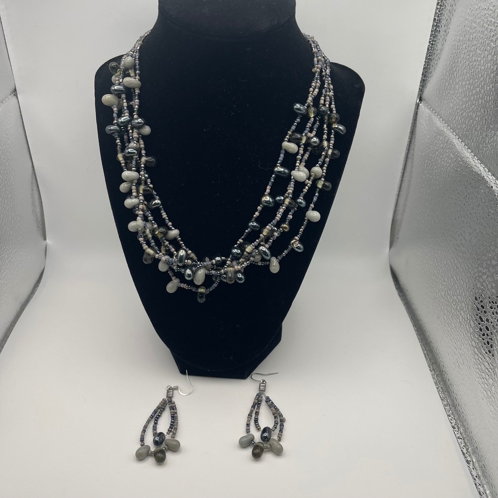 Multi Strand‎ Beaded Necklace & Earrings Set Gray Cream Sparkle Dangle Jewelry